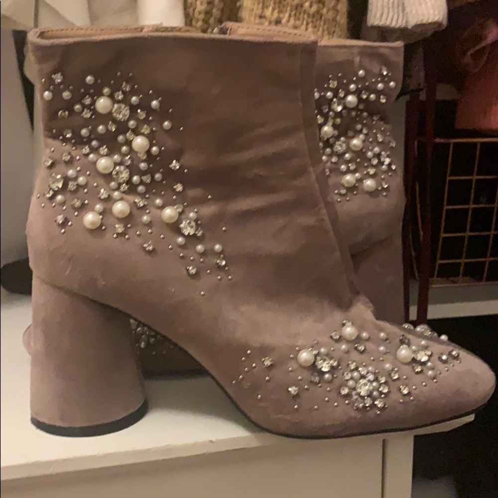 Pink velvet booties with pearls (size 6)